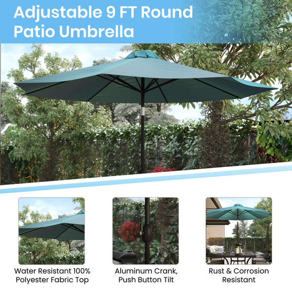 Teal |#| Black Steel Framed 35" Square Faux Teak Patio Table-Tan 9FT Patio Umbrella-Base