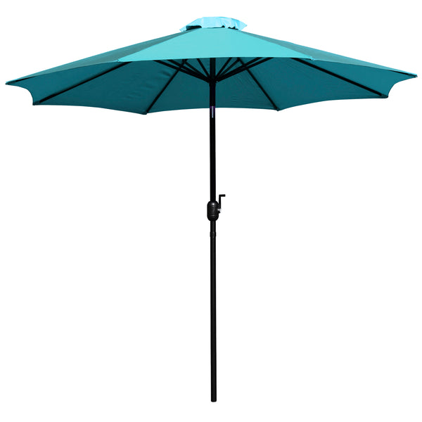 Teal |#| Black Steel Framed 35" Square Faux Teak Patio Table-Tan 9FT Patio Umbrella-Base