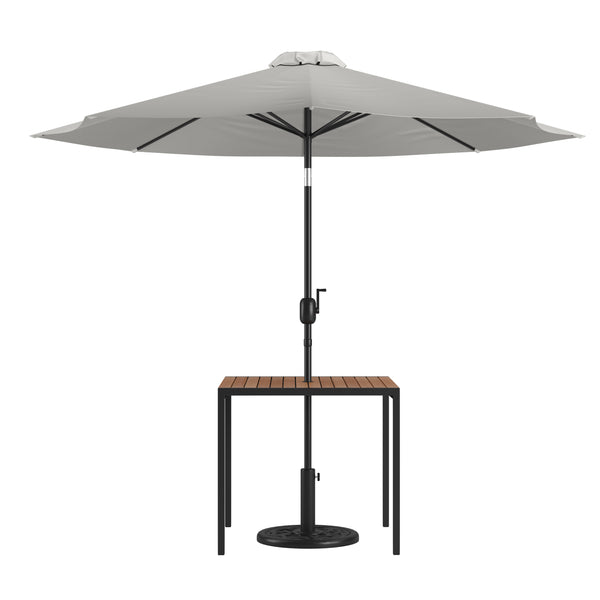 Gray |#| Black Steel Framed 35" Square Faux Teak Patio Table-Gray 9FT Patio Umbrella-Base