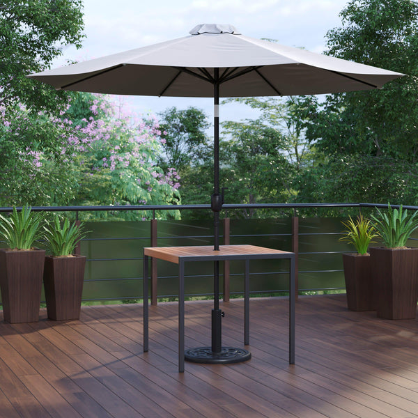 Gray |#| Black Steel Framed 35" Square Faux Teak Patio Table-Gray 9FT Patio Umbrella-Base