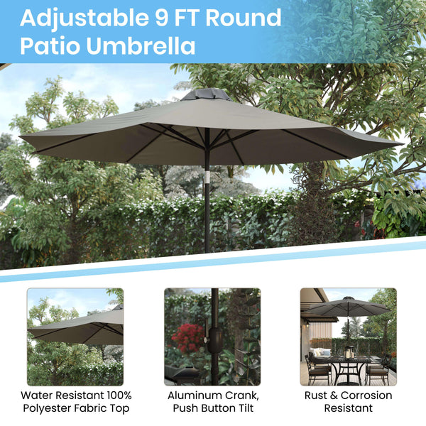 Gray |#| Black Steel Framed 35" Square Faux Teak Patio Table-Gray 9FT Patio Umbrella-Base
