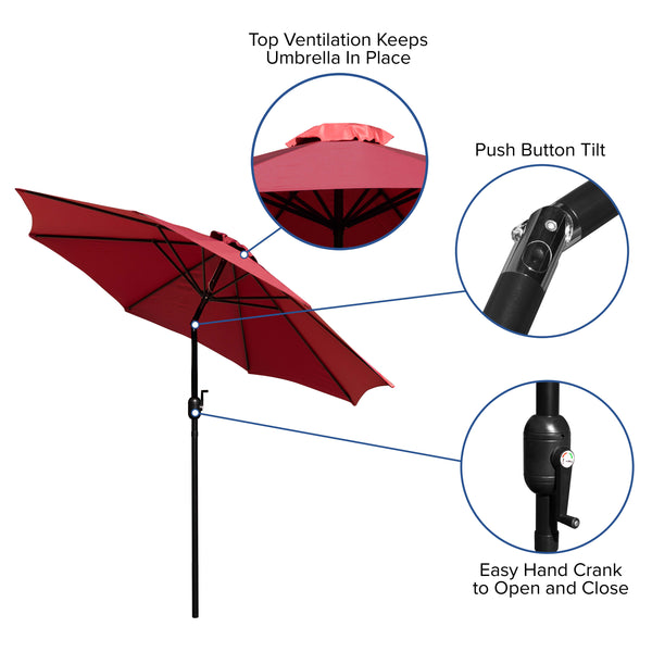 Red |#| Black Steel Framed 35" Square Faux Teak Patio Table-Red 9FT Patio Umbrella-Base