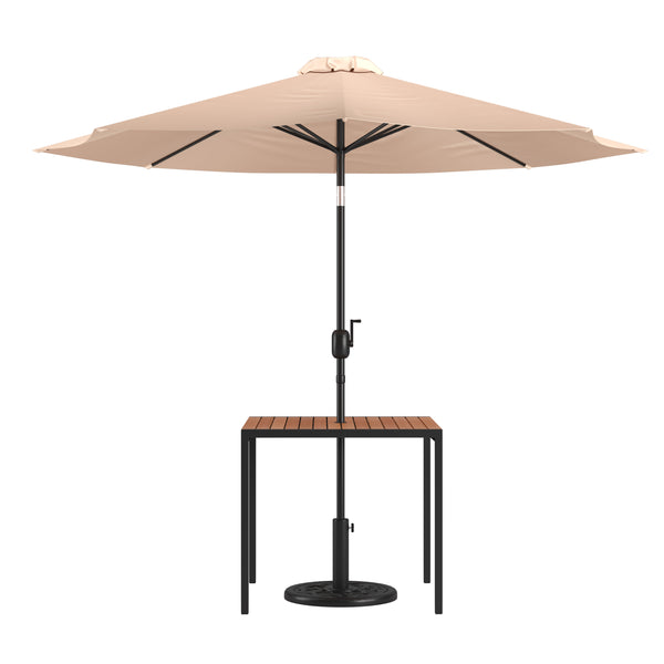 Tan |#| Black Steel Framed 35" Square Faux Teak Patio Table-Tan 9FT Patio Umbrella-Base