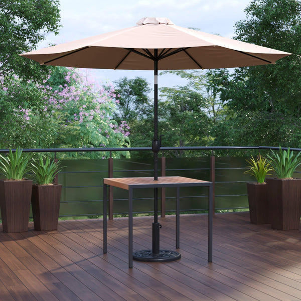 Tan |#| Black Steel Framed 35" Square Faux Teak Patio Table-Tan 9FT Patio Umbrella-Base