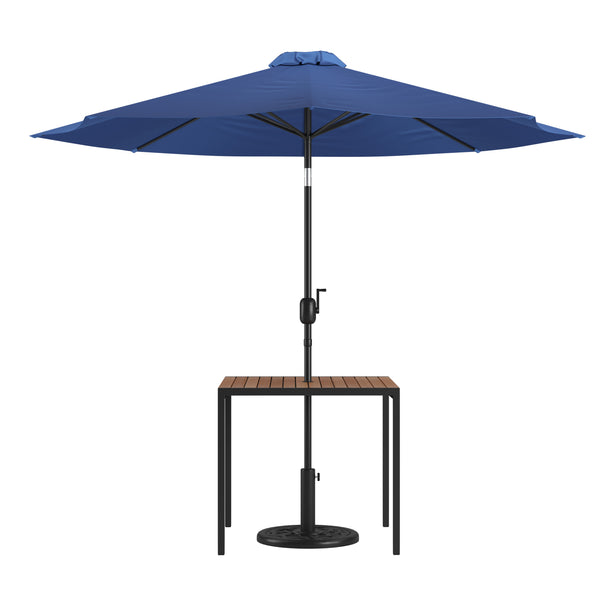 Navy |#| Black Steel Framed 35" Square Faux Teak Patio Table-Navy 9FT Patio Umbrella-Base