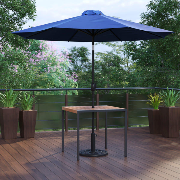 Navy |#| Black Steel Framed 35" Square Faux Teak Patio Table-Navy 9FT Patio Umbrella-Base