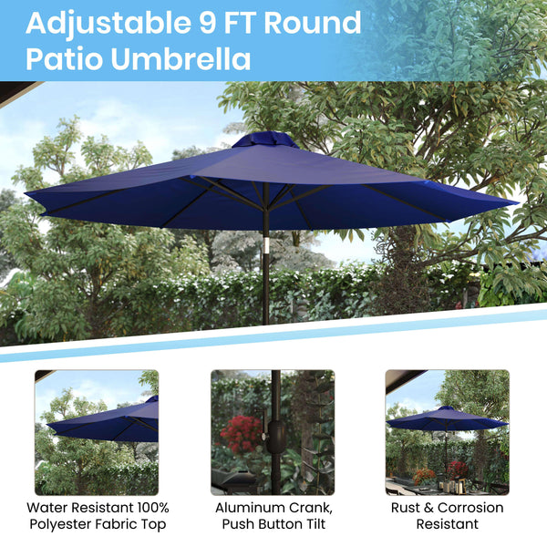 Navy |#| Black Steel Framed 35" Square Faux Teak Patio Table-Navy 9FT Patio Umbrella-Base