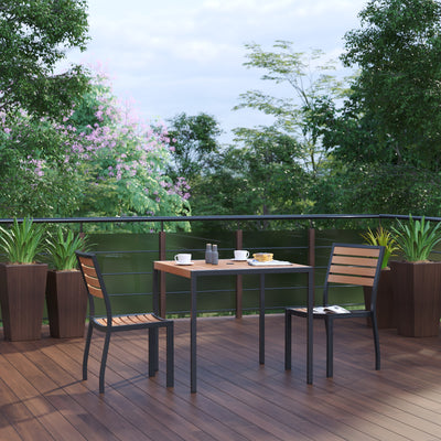Lark 3 Piece Patio Table Set - Synthetic Teak Poly Slats - Lark 3Lark 5" Square Steel Framed Table with 2 Stackable Faux Teak Chairs - View 2
