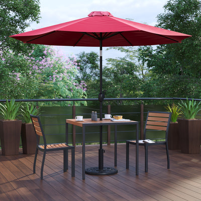 Lark 5 Piece All-Weather Deck or Patio Set with Stacking Faux Teak Chairs, Faux Teak Table & Umbrella with Base - View 2
