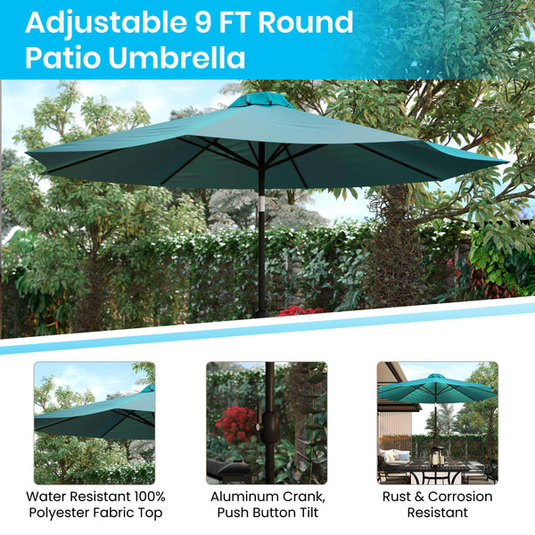 Teal |#| Faux Teak 35inch Square Patio Table, 2 Chairs & Teal 9FT Patio Umbrella with Base