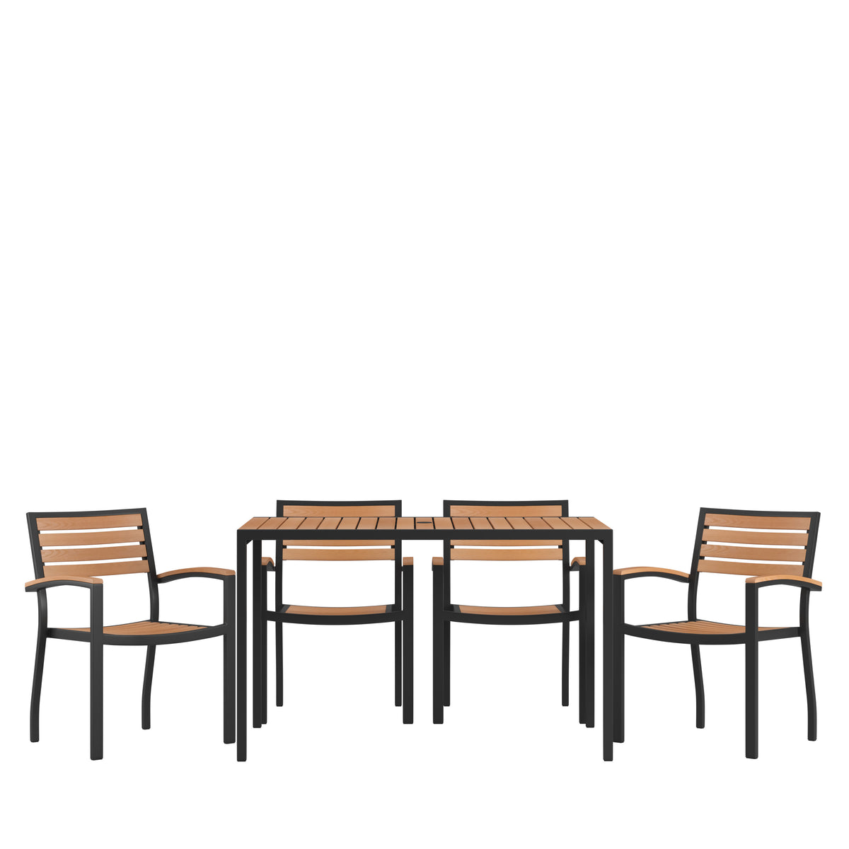 Black Steel Framed 30inch x 48inchFaux Teak Table with Umbrella Hole & 4 Club Chairs