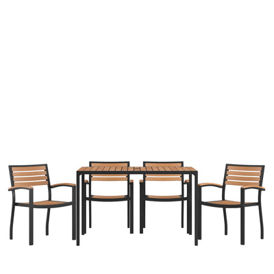 Lark 5 Piece Outdoor Dining Table Set - Synthetic Teak Poly Slats - Lark 30" x 48" Steel Framed Table with Umbrella Hole - 4 Club Chairs - View 1
