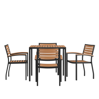 Lark 5 Piece Outdoor Dining Table Set - Synthetic Teak Poly Slats - Lark 3Lark 5" Square Steel Framed Table with Umbrella Hole - 4 Club Chairs - View 1