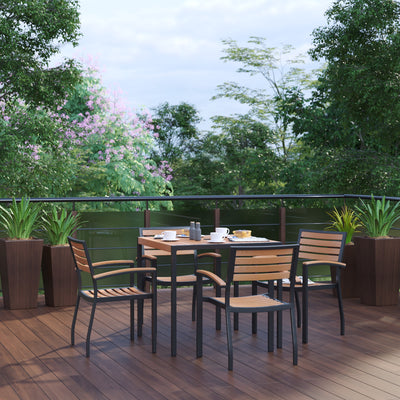 Lark 5 Piece Outdoor Dining Table Set - Synthetic Teak Poly Slats - Lark 3Lark 5" Square Steel Framed Table with Umbrella Hole - 4 Club Chairs - View 2