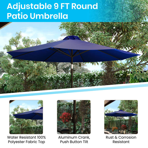 Navy |#| 35inch Square Faux Teak Patio Table, 2 Chairs and Navy 9FT Patio Umbrella with Base