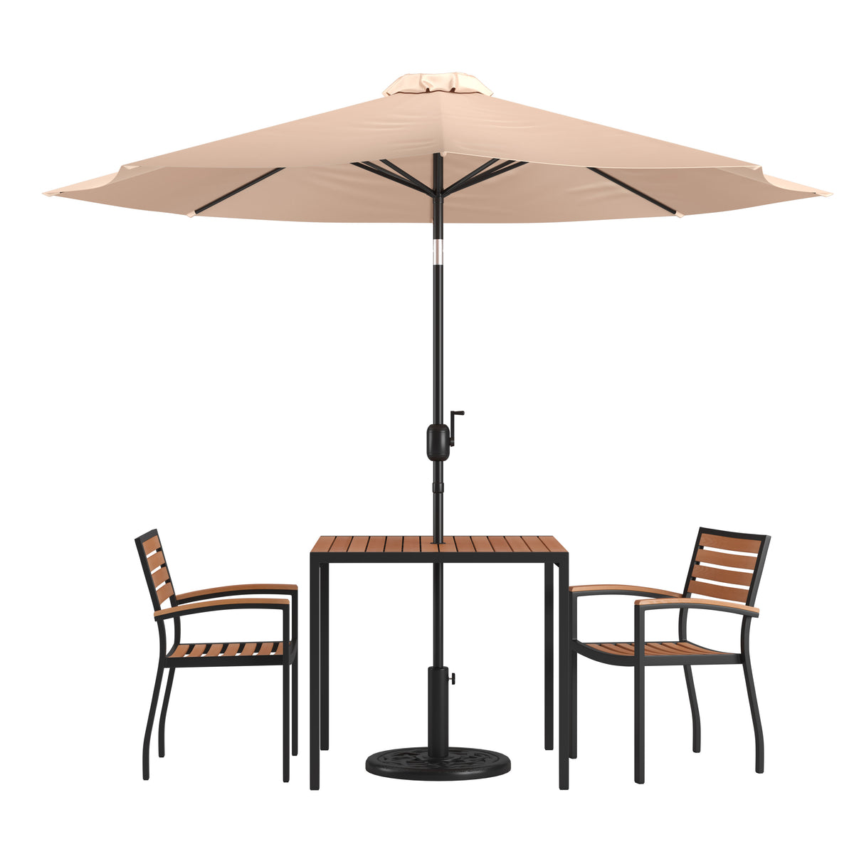 Tan |#| 35inch Square Faux Teak Patio Table, 2 Chairs and Tan 9FT Patio Umbrella with Base