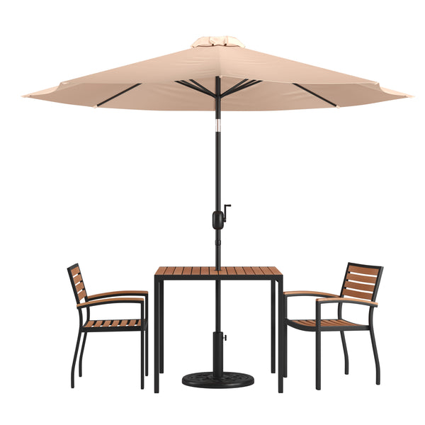 2 chair patio set with umbrella Flash Furniture 5 Piece Outdoor Patio Dining Table Set with 2 Synthetic Teak Stackable Chairs - 36" Square Table