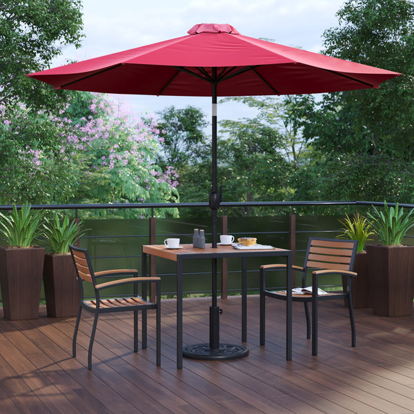 Red |#| 35inch Square Faux Teak Patio Table, 2 Chairs and Red 9FT Patio Umbrella with Base