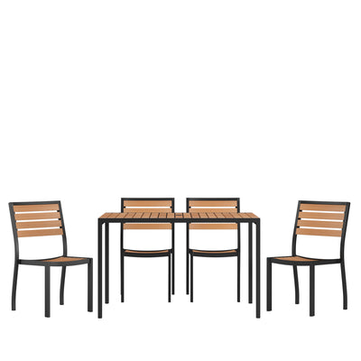 Lark 5 Piece Patio Table Set - Synthetic Teak Poly Slats - Lark 30" x 48" Steel Framed Table with 4 Stackable Faux Teak Chairs - View 1