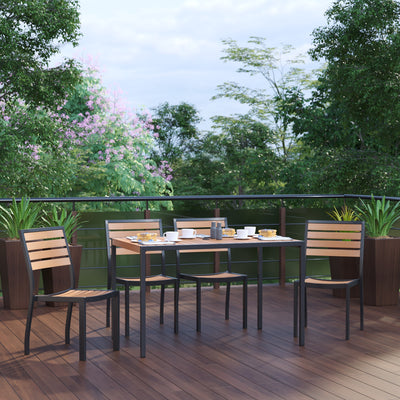 Lark 5 Piece Patio Table Set - Synthetic Teak Poly Slats - Lark 30" x 48" Steel Framed Table with 4 Stackable Faux Teak Chairs - View 2