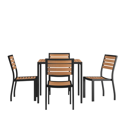 Lark 5 Piece Patio Table Set - Synthetic Teak Poly Slats - Lark 3Lark 5" Square Steel Framed Table with 4 Stackable Faux Teak Chairs - View 1