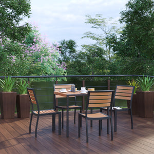 Lark 5 Piece Patio Table Set - Synthetic Teak Poly Slats - Lark 3Lark 5" Square Steel Framed Table with 4 Stackable Faux Teak Chairs