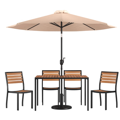 Lark 7 Piece All-Weather Deck or Patio Set with Stacking Faux Teak Chairs, Faux Teak Table & Umbrella with Base - View 1