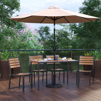 Lark 7 Piece All-Weather Deck or Patio Set with Stacking Faux Teak Chairs, Faux Teak Table & Umbrella with Base