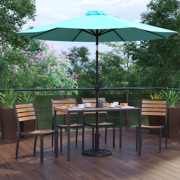 Teal |#| Faux Teak 30inch x 48inch Patio Table, 4 Chairs & Teal 9FT Patio Umbrella with Base