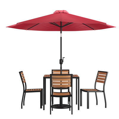 Lark 7 Piece All-Weather Deck or Patio Set with Stacking Faux Teak Chairs, Faux Teak Table & Umbrella with Base - View 1