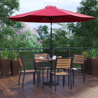 Lark 7 Piece All-Weather Deck or Patio Set with Stacking Faux Teak Chairs, Faux Teak Table & Umbrella with Base - View 2