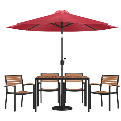 Lark 7 Piece Outdoor Patio Dining Table Set with 4 Synthetic Teak Stackable Chairs, Lark 30