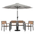 Lark 7 Piece Outdoor Patio Dining Table Set with 4 Synthetic Teak Stackable Chairs, Lark 30" x 48" Table & Umbrella with Base