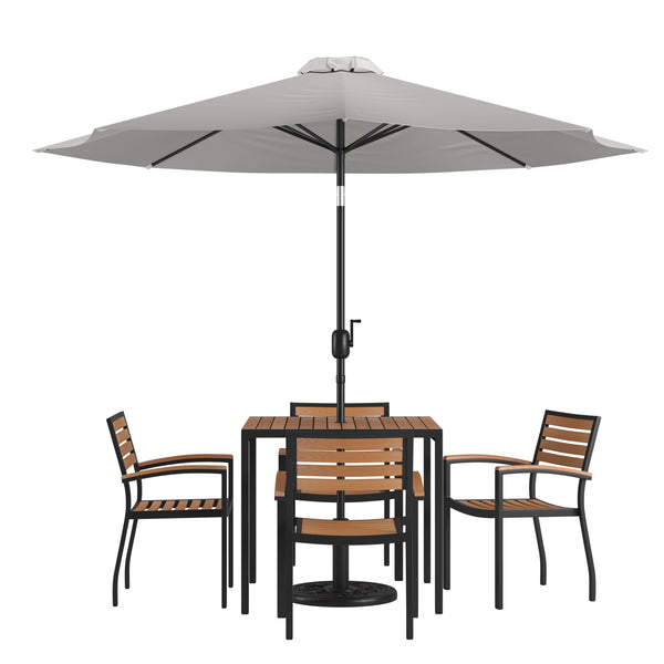 backyard patio set with umbrella Flash Furniture 7 Piece Outdoor Patio Table Set with 4 Synthetic Teak Stackable Chairs - 35" Square Table