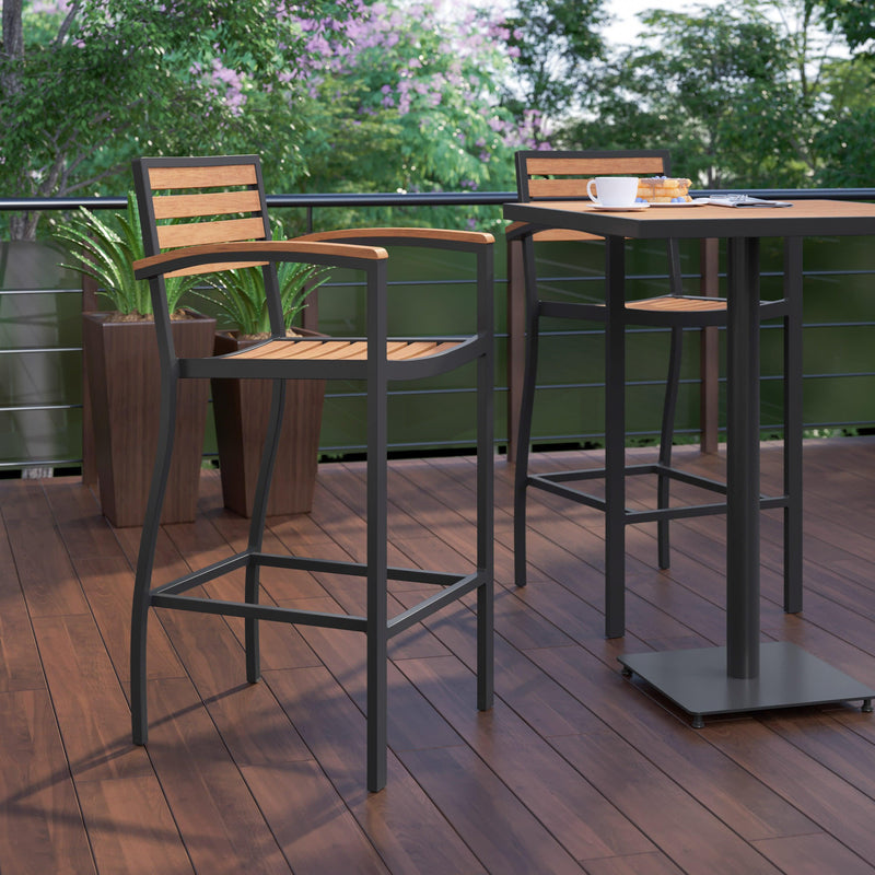Lark Commercial Grade Bar Height Stool with Arms, All-Weather Outdoor Bar Stool with Faux Wood Poly Resin Slats and Aluminum Frame