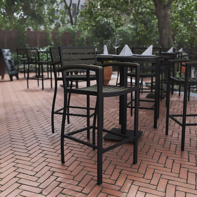 Lark Commercial Grade Bar Height Stool with Arms, All-Weather Outdoor Bar Stool with Faux Wood Poly Resin Slats and Aluminum Frame - View 2