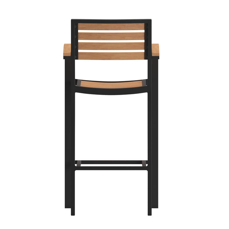Teak |#| Commercial Grade Outdoor Bar Stool with Armrests and Poly Resin Slats - Teak