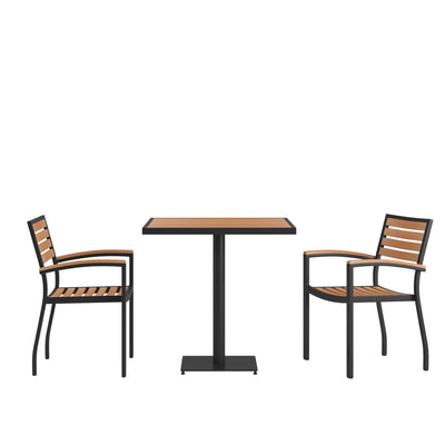 Lark Indoor/Outdoor 3 Piece Patio Dining Table Set with Faux Teak Table & 2 Stacking Club Chairs with Teak Accented Arms