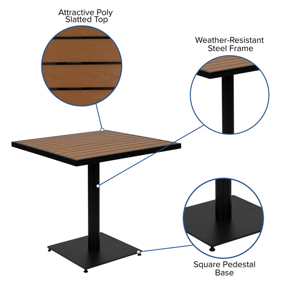 4 Faux Teak Accented Club Chairs and 30inch Square Faux Teak Patio Table Set