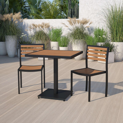 Lark Outdoor Patio Bistro Dining Table Set with 2 Chairs and Faux Teak Poly Slats