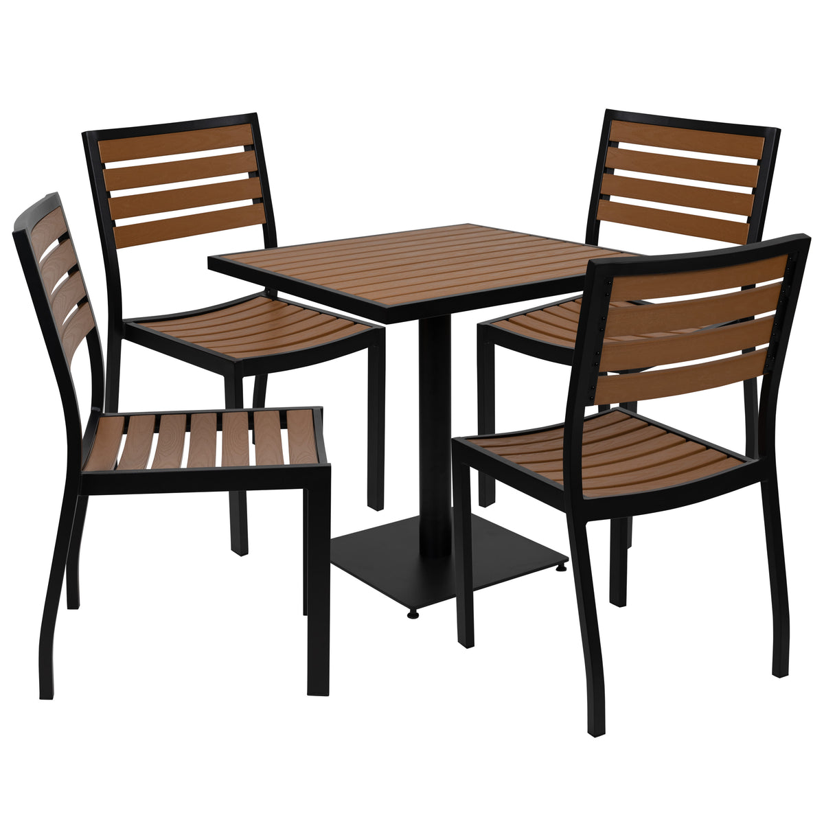 Outdoor Patio Bistro Dining Table Set with 4 Chairs and Faux Teak Poly Slats