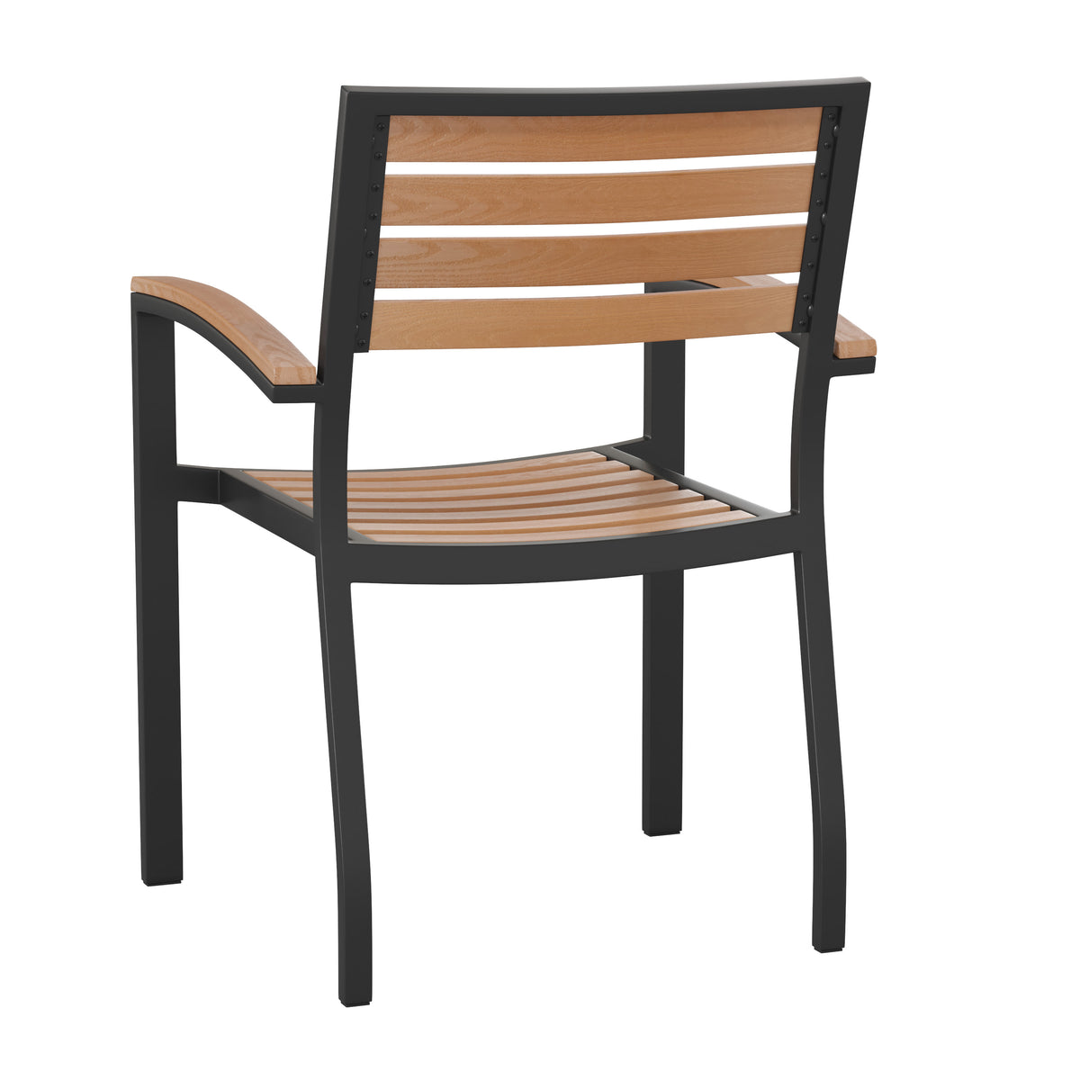 Teak |#| Stackable All-Weather Black Aluminum Patio Chairs with Faux Teak Slats