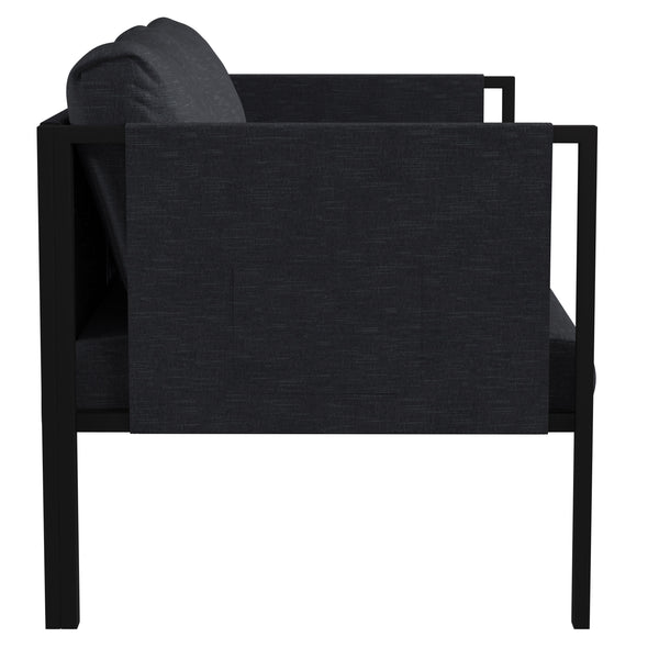 Charcoal |#| Black Steel Frame Loveseat with Included Charcoal Cushions and Storage Pockets
