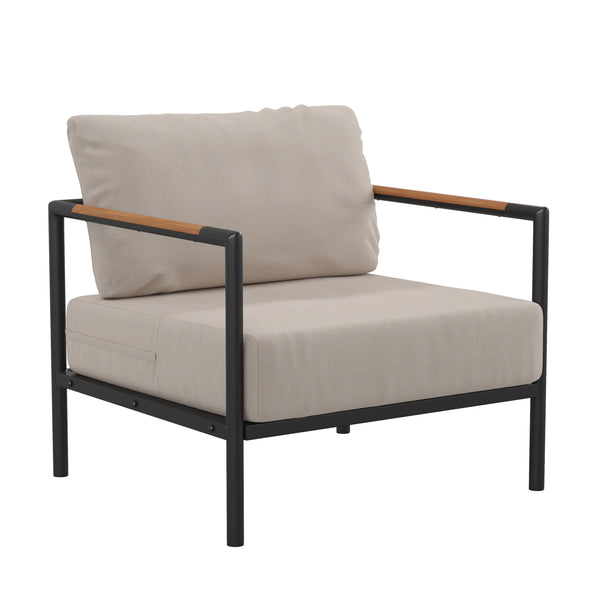 Light Gray |#| Black Aluminum Frame Patio Chair with Teak Arm Accents and Beige Cushions