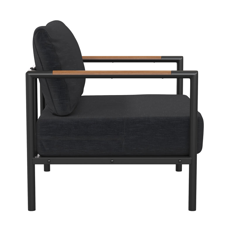Charcoal |#| Black Aluminum Frame Patio Chair with Teak Arm Accents and Charcoal Cushions