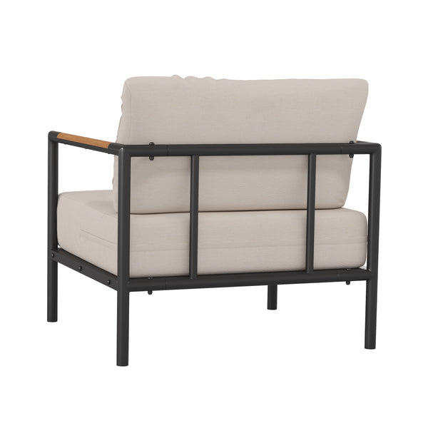 Light Gray |#| Black Aluminum Frame Patio Chair with Teak Arm Accents and Beige Cushions