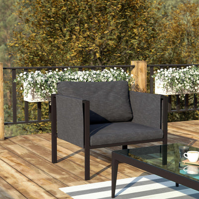 Lea Indoor/Outdoor Patio Chair with Cushions - Modern Steel Framed Chair with Storage Pockets - View 2