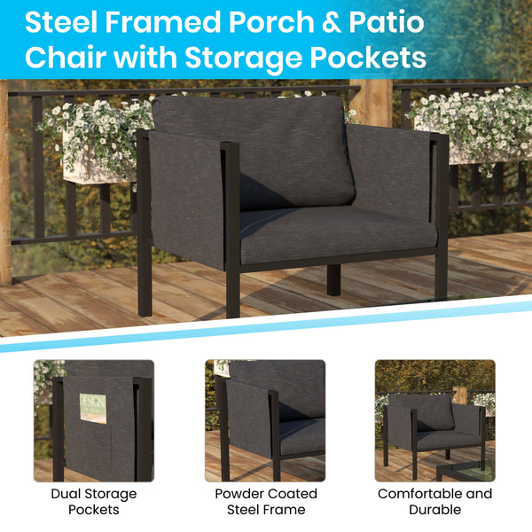 Charcoal |#| Black Steel Frame Patio Chair with Included Charcoal Cushions & Storage Pockets