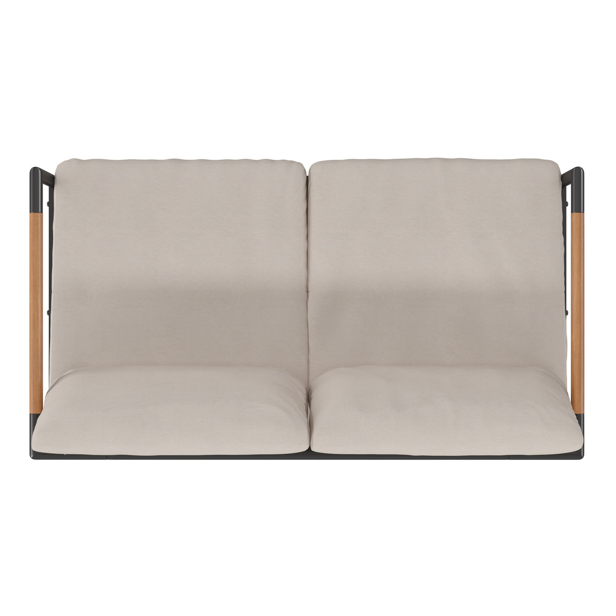 Light Gray |#| Black Aluminum Frame Loveseat with Teak Arm Accents and Beige Cushions