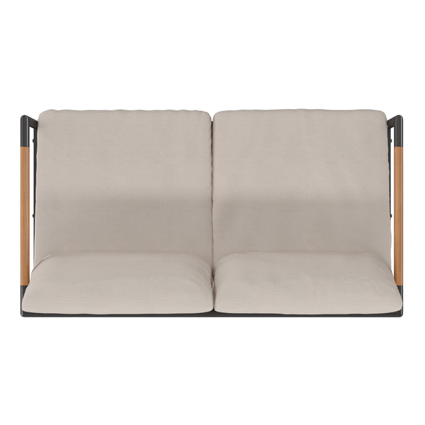 Light Gray |#| Black Aluminum Frame Loveseat with Teak Arm Accents and Beige Cushions
